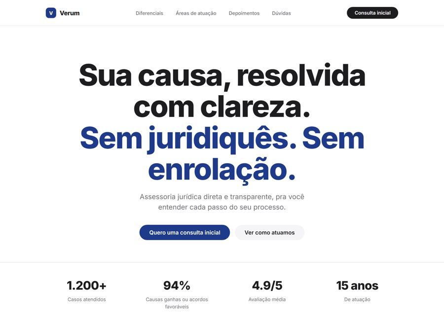 Landing page Verum Advocacia, estilo minimalista